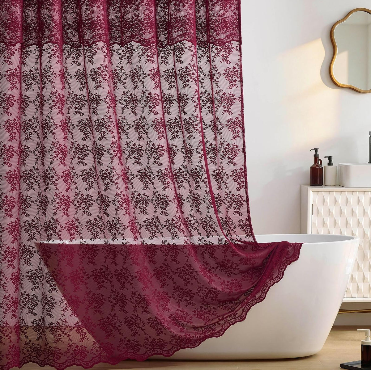 TUDECO Pink Lace Shower Curtain with Attached Valance, 72x72 Inch, 1 Panel