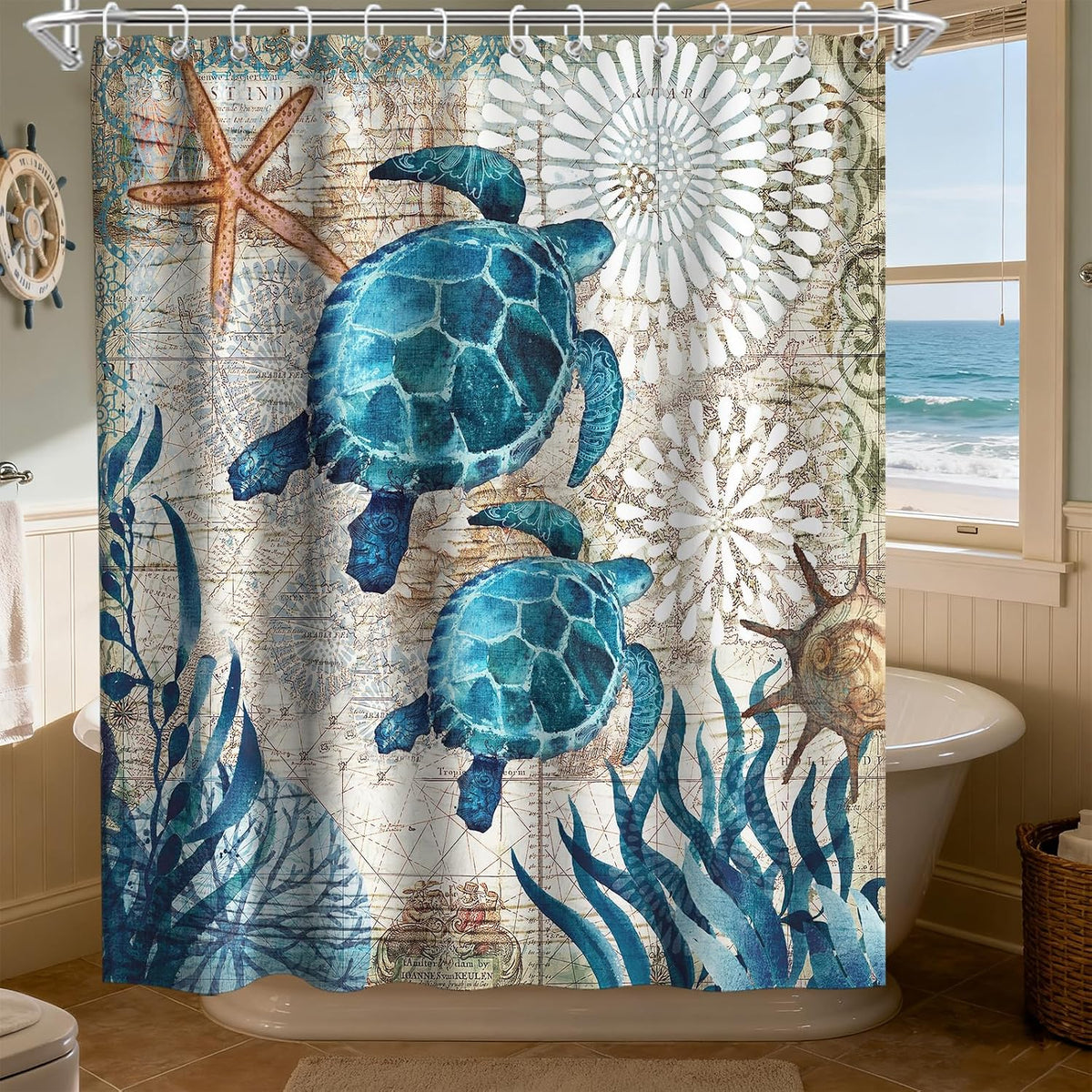 Nautical Green Sea Turtles Beach Theme Fabric Shower Curtain Sets Bathroom Blue Ocean Decor with Grommets and Hooks - 72 x 72 Inch Teal