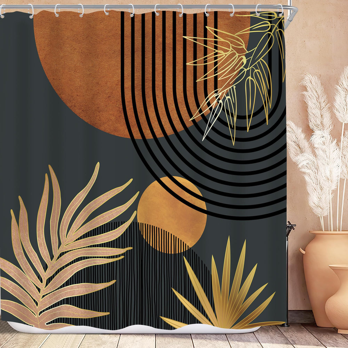 KOMLLEX Mid Century Green Boho Shower Curtain, Abstract Modern Shower Curtains for Bathroom, Plant Botanical Minimalist Leaf Arch Sun Fabric Liner Waterproof Polyester 12 Pack Hooks 60Wx72L Inches