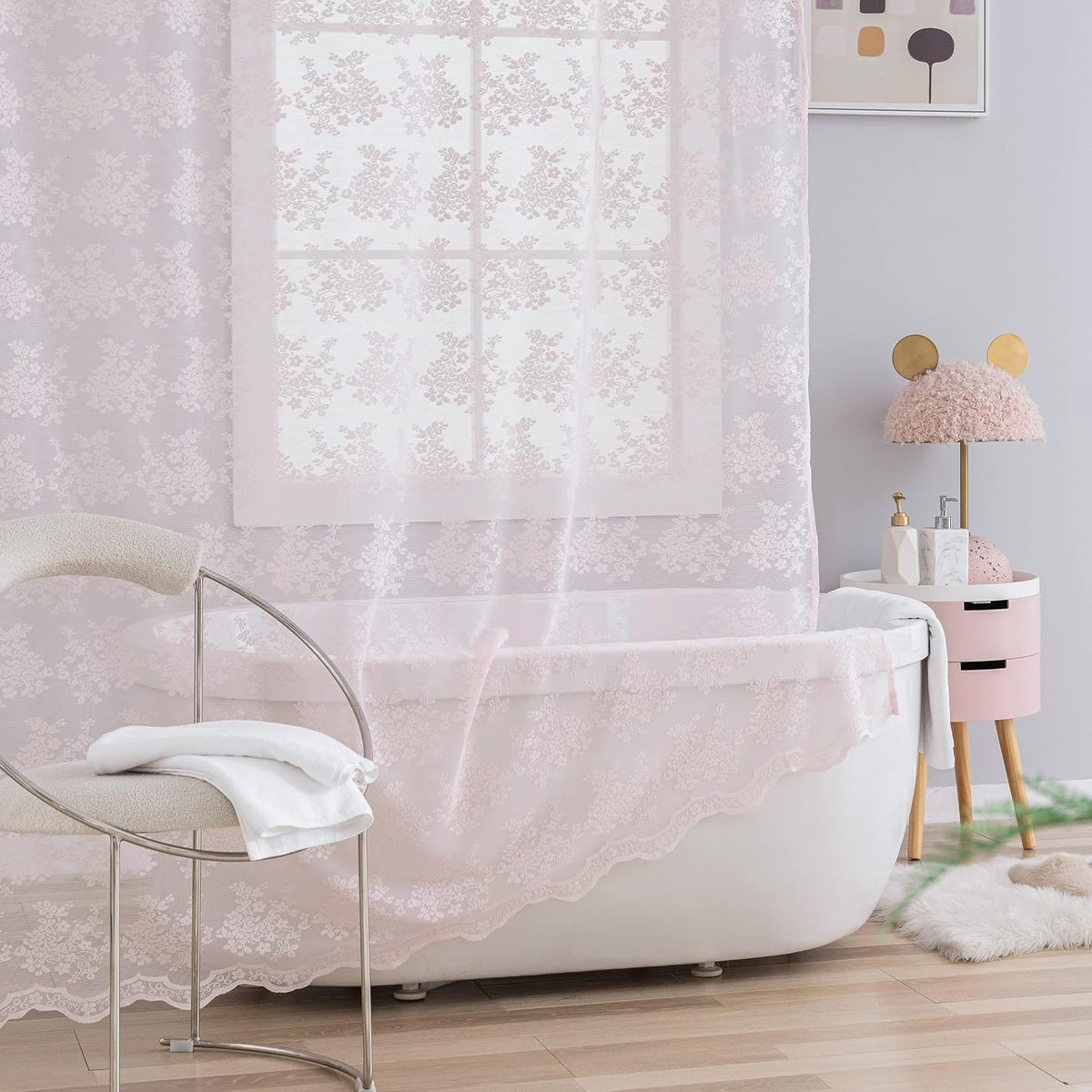 TUDECO Pink Lace Shower Curtain with Attached Valance, 72x72 Inch, 1 Panel
