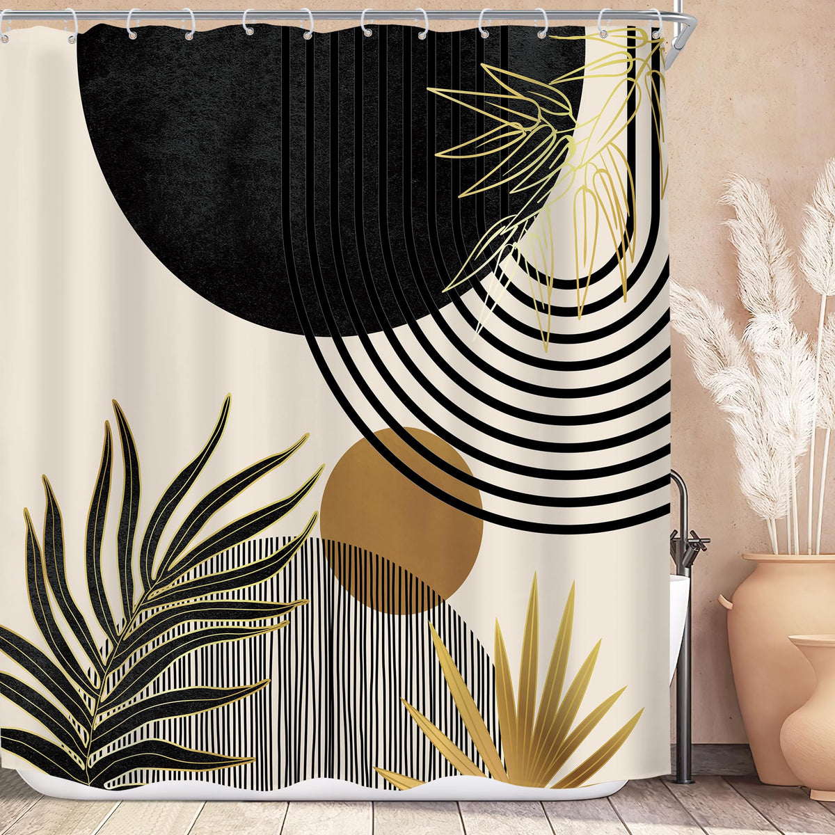 KOMLLEX Mid Century Green Boho Shower Curtain, Abstract Modern Shower Curtains for Bathroom, Plant Botanical Minimalist Leaf Arch Sun Fabric Liner Waterproof Polyester 12 Pack Hooks 60Wx72L Inches