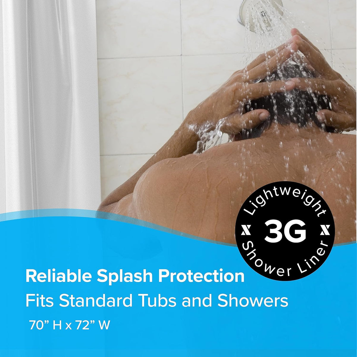 SlipX Solutions Protected Shower Curtain Liner, 3G Lightweight, 70"x72", White