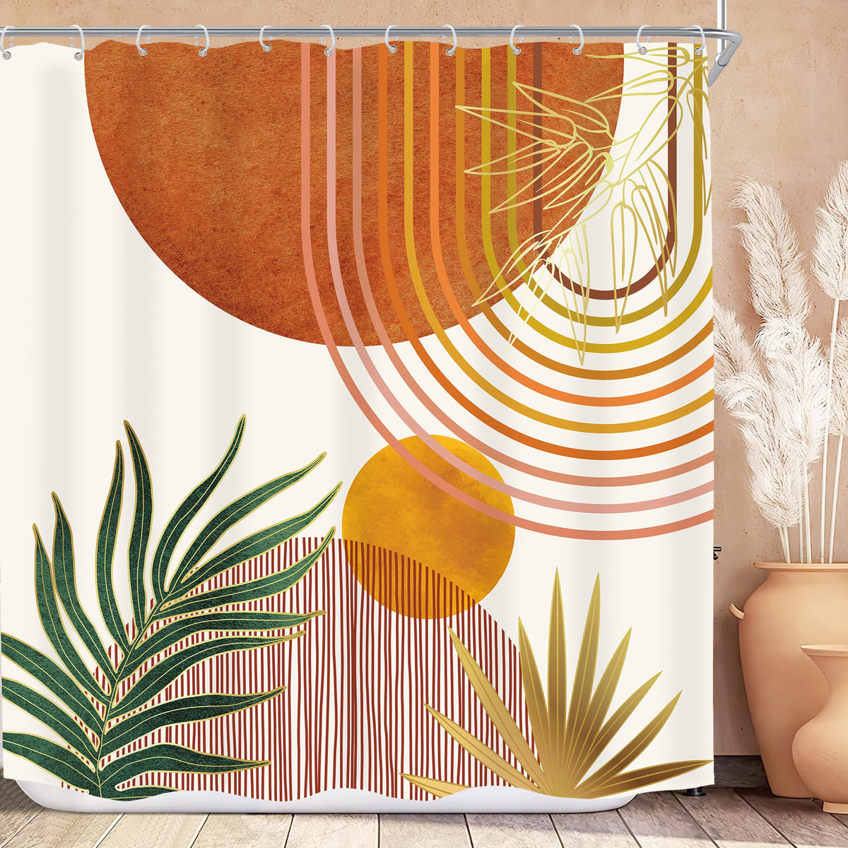 KOMLLEX Mid Century Green Boho Shower Curtain, Abstract Modern Shower Curtains for Bathroom, Plant Botanical Minimalist Leaf Arch Sun Fabric Liner Waterproof Polyester 12 Pack Hooks 60Wx72L Inches