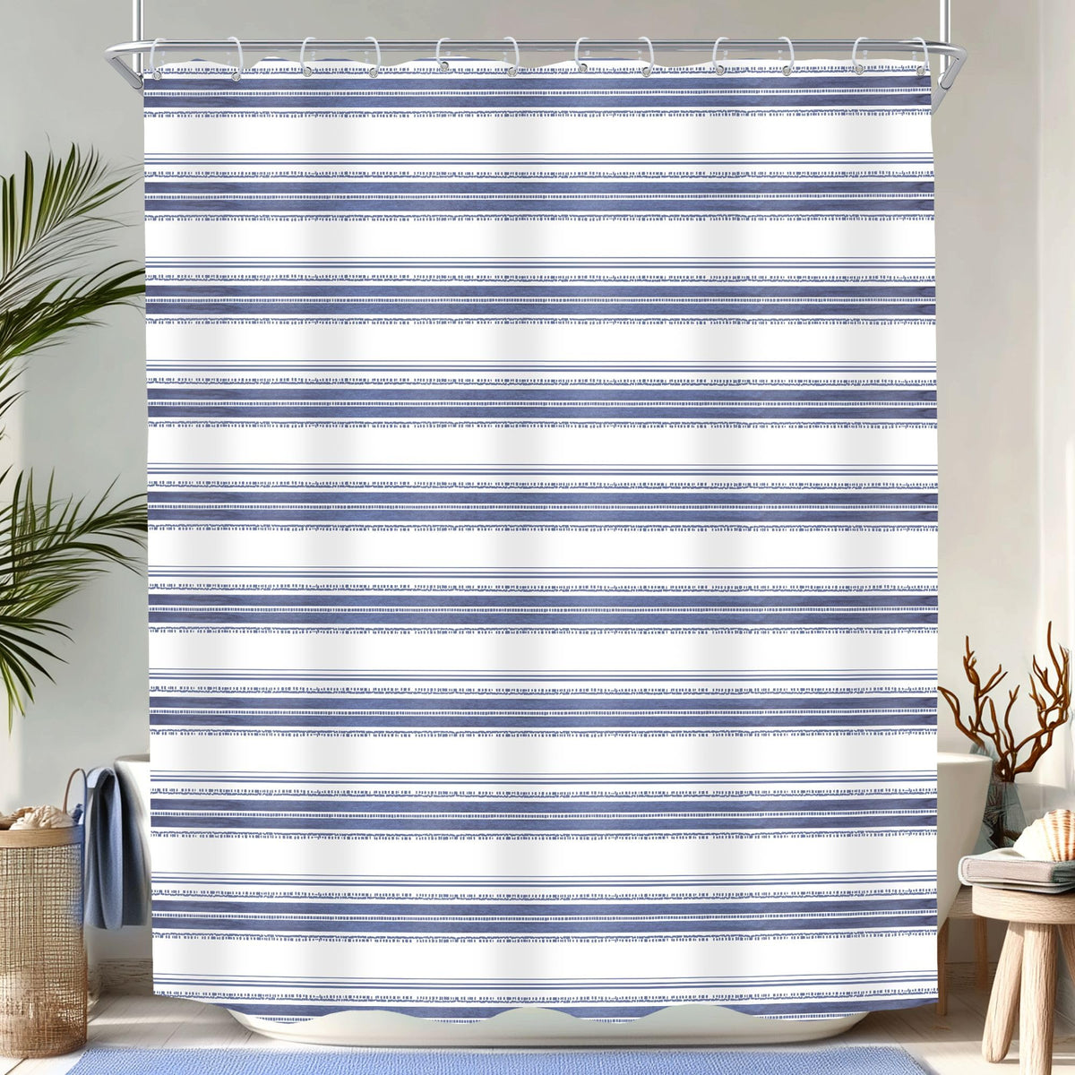 Abstract Blue Modern Gray Striped Minimalist Bathroom Shower Curtain Set