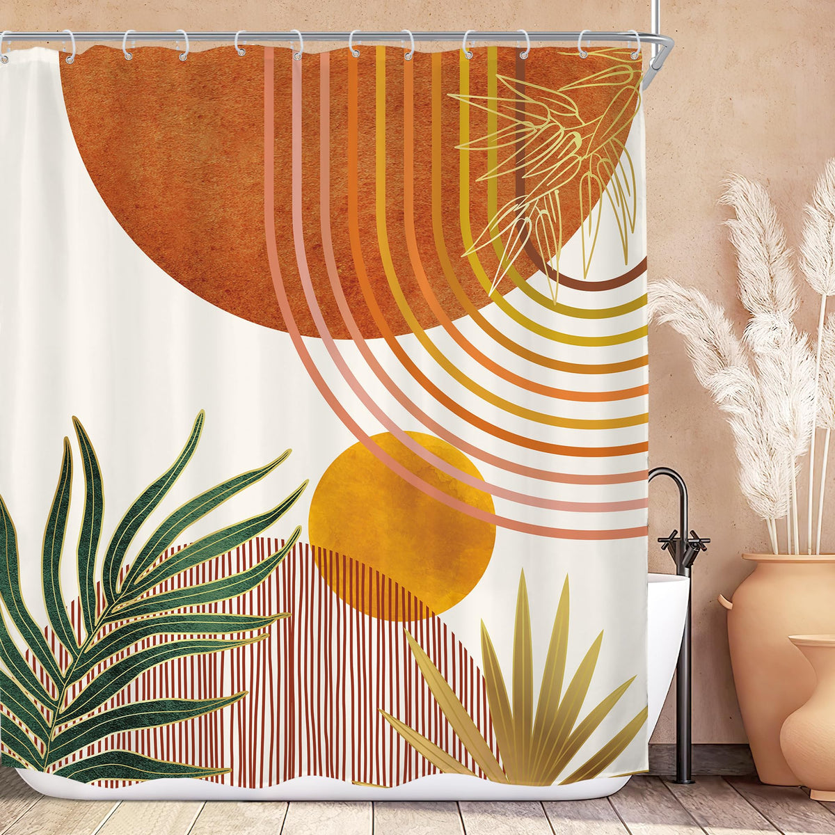 KOMLLEX Mid Century Green Boho Shower Curtain, Abstract Modern Shower Curtains for Bathroom, Plant Botanical Minimalist Leaf Arch Sun Fabric Liner Waterproof Polyester 12 Pack Hooks 60Wx72L Inches