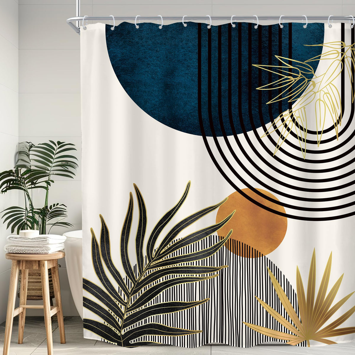KOMLLEX Mid Century Green Boho Shower Curtain, Abstract Modern Shower Curtains for Bathroom, Plant Botanical Minimalist Leaf Arch Sun Fabric Liner Waterproof Polyester 12 Pack Hooks 60Wx72L Inches