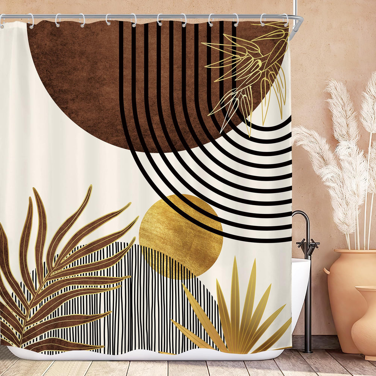 KOMLLEX Mid Century Green Boho Shower Curtain, Abstract Modern Shower Curtains for Bathroom, Plant Botanical Minimalist Leaf Arch Sun Fabric Liner Waterproof Polyester 12 Pack Hooks 60Wx72L Inches