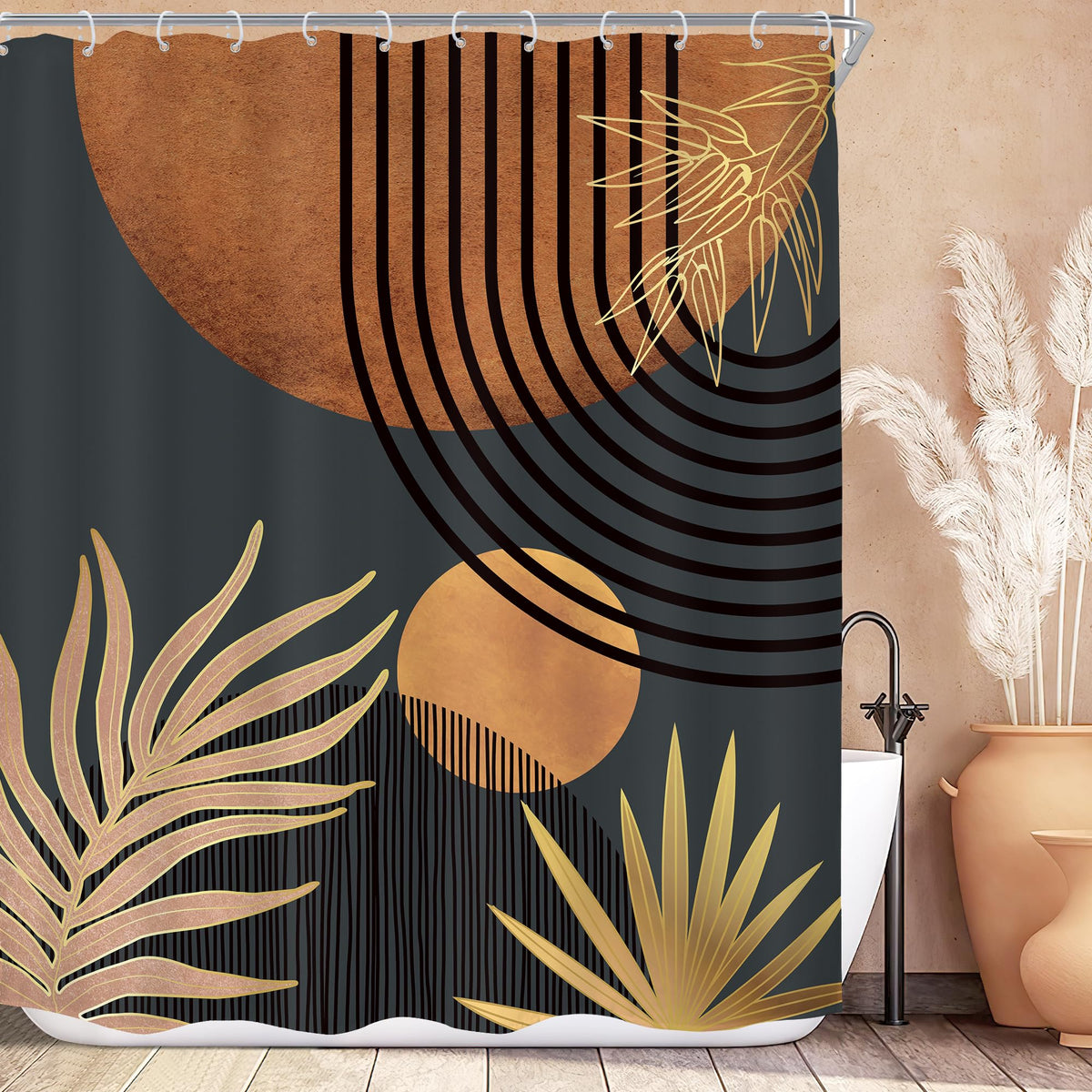 KOMLLEX Mid Century Green Boho Shower Curtain, Abstract Modern Shower Curtains for Bathroom, Plant Botanical Minimalist Leaf Arch Sun Fabric Liner Waterproof Polyester 12 Pack Hooks 60Wx72L Inches