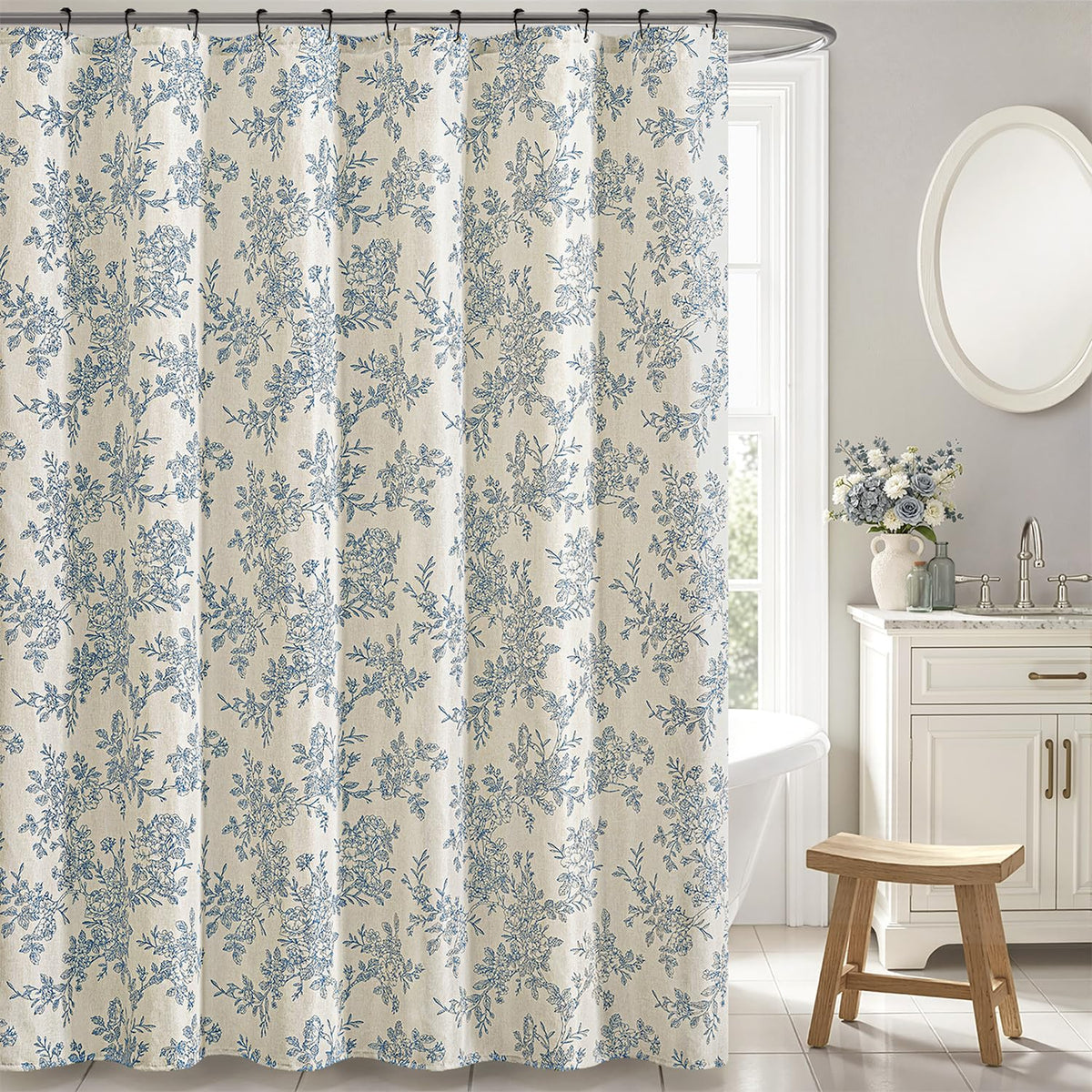 Linen Blue Floral Toile Shower Curtain W72*L72 Inches Long